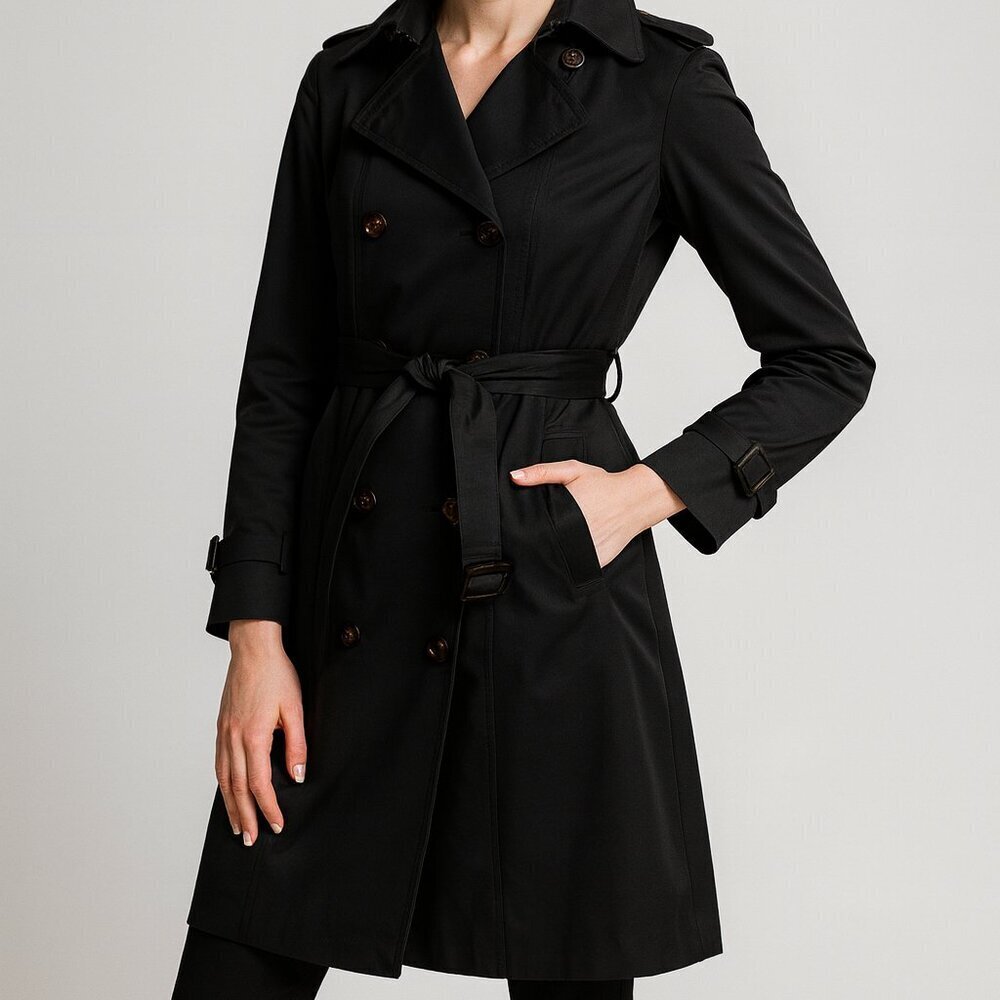 Dawn Levy Black Trench Coat S Removable Quilted Liner Belted Double Double Breas